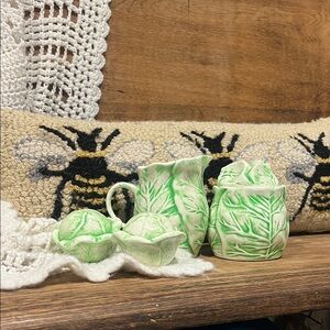 Vintage Ceramic Cabbage Cream and Sugar  with matching Salt and Pepper shakers